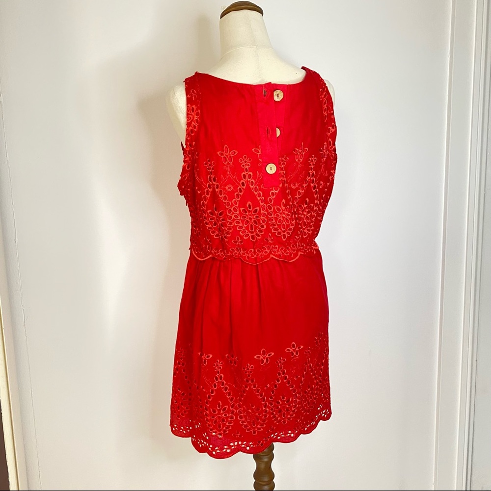Sabo Skirt Mini Dress Red Sleeveless Eyelet Spring Summer 12 Medium - Picture 2 of 11